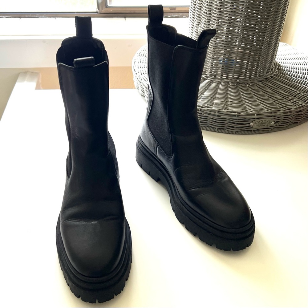 Zara Leather Lug Sole platform ankle chunky moto combat boots black 37 7 6.5
